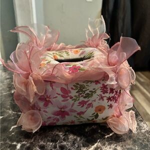 Pink Floral Fabric Tissue Box Cover with Sheer Rosette Accents